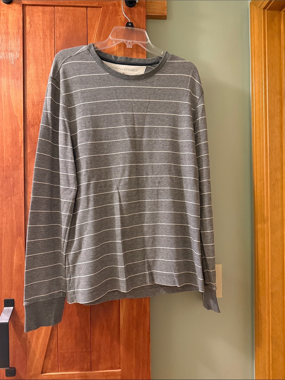 Banana Republic Gray and White Striped Long-Sleeve Crewneck